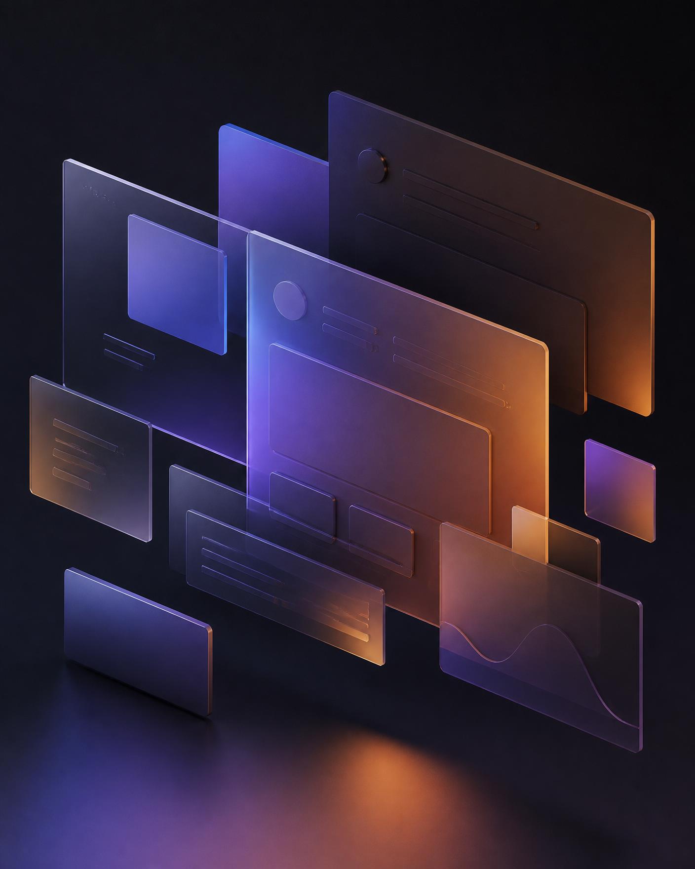 Abstract 3D render of layered glass website interface panels lit in violet, blue and amber