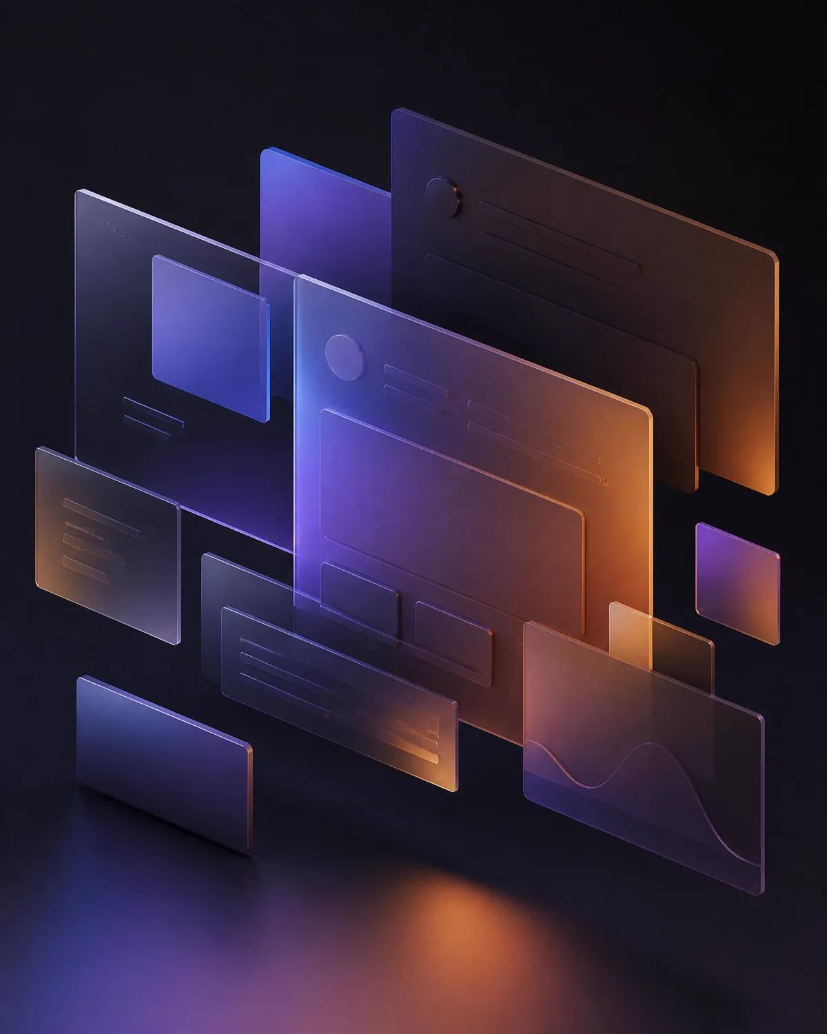Abstract 3D render of layered glass website interface panels lit in violet, blue and amber